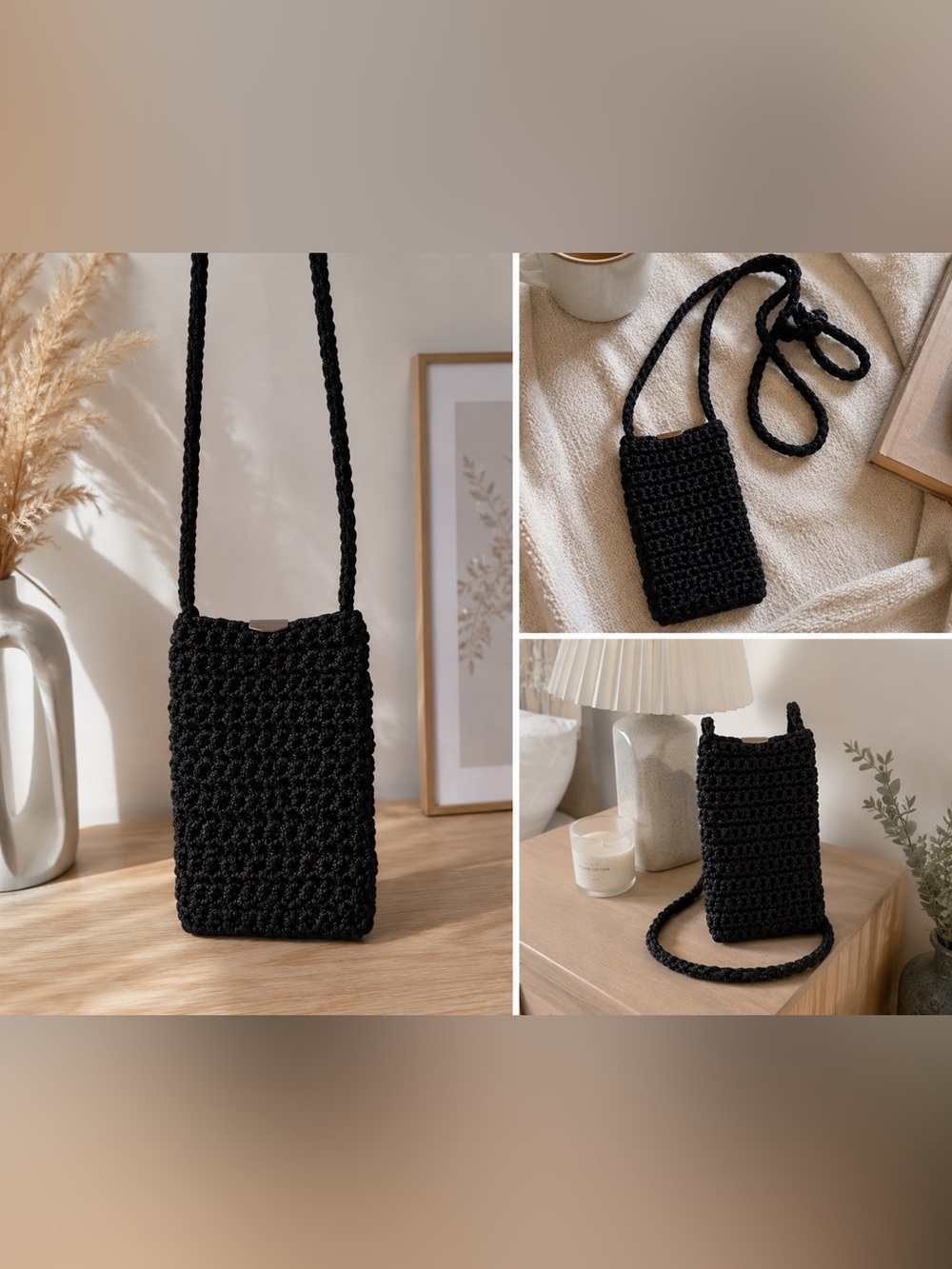 Black Crocheted Crossbody Phone Pouch